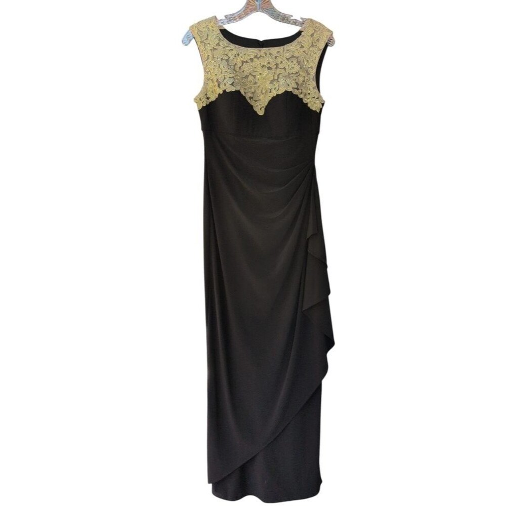 Alex Evenings Petite 4P Black Gold Lace Rhinestone Gown Maxi Dress Formal